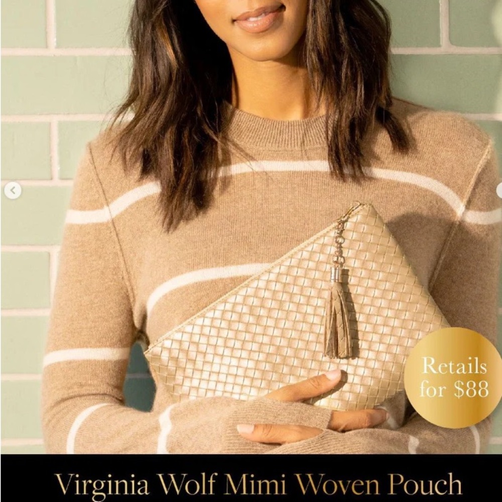 Virginia Wolf Metallic Gold Mimi Woven Pouch Vegan Leather Clutch NWT